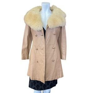 Vintage 70s Tan Leather Coat with Sherpa Fur Collar Indie Hipster Streetwear S/M